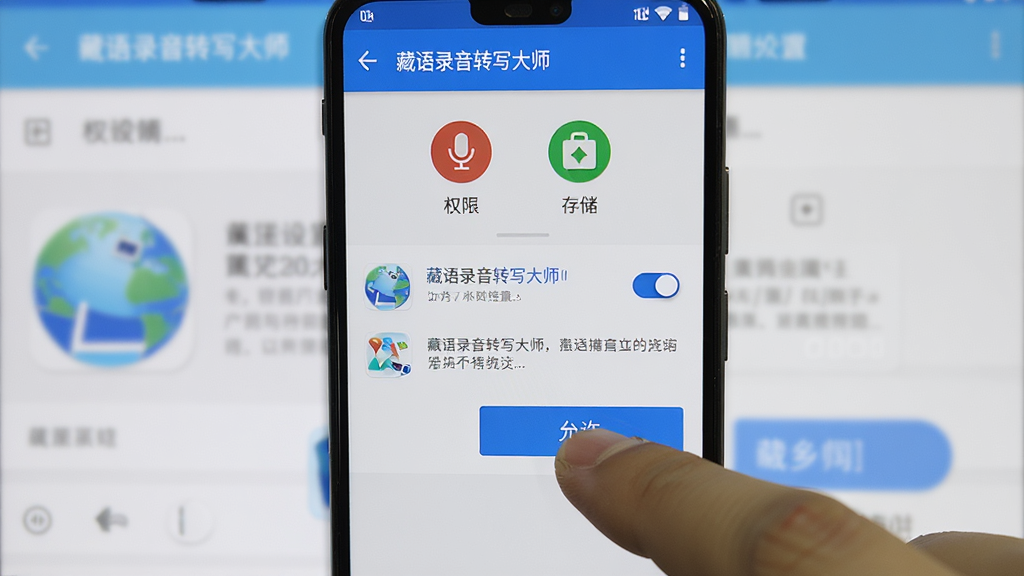 画面展示“藏语录音转写大师”软件在安卓手机上的权限设置界面,用户手指正在点击“允许”按钮,屏幕上方显示录音和存储权限图标,背景为手机系统设置页面,布局为居中特写,风格为写实手机截图风,细节包含权限开关、应用图标、提示文字,画质清晰干净,无多余元素