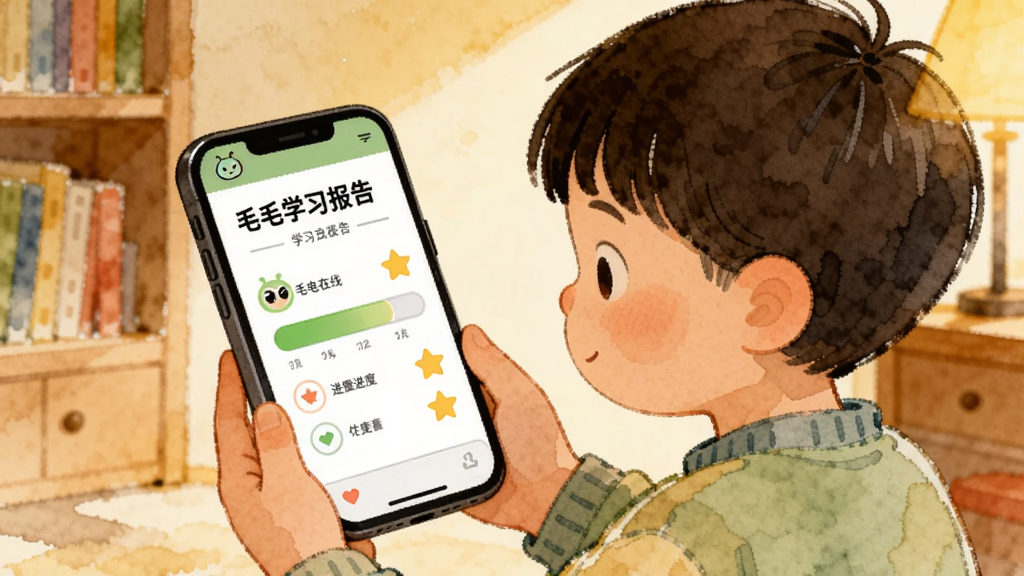 一位家长和孩子一起看着手机屏幕上的