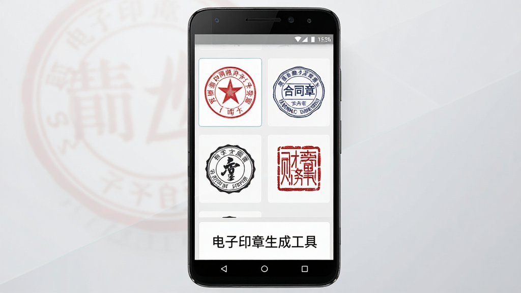 一张展示电子印章生成工具软件界面的手机屏幕截图,画面中央是一部竖放的安卓手机,手机屏幕上显示软件主界面,包含圆形公章、椭圆合同章、方形财务章等多个印章模板缩略图,下方有