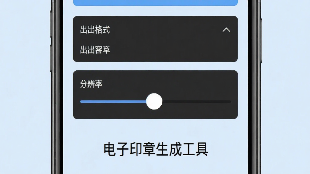 一张电子印章生成工具的导出设置界面截图,手机屏幕上显示导出格式选项和分辨率选择滑块,下方有