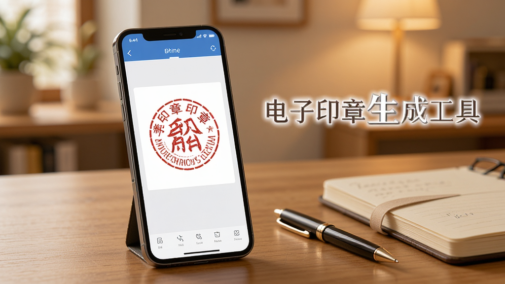 一张展示电子印章生成工具离线使用场景的图片,画面中一部手机放在木质桌面上,屏幕显示印章编辑界面,旁边有一支笔和一本笔记本,背景为暖色调室内环境,画面中出现