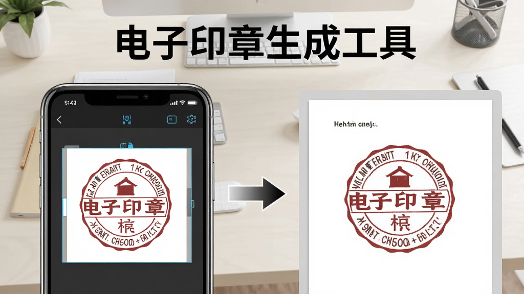 一张展示电子印章生成工具导出效果对比的图片,画面左侧是手机屏幕显示印章编辑界面,右侧是插入文档后的印章效果预览,中间有箭头连接,图片上方有