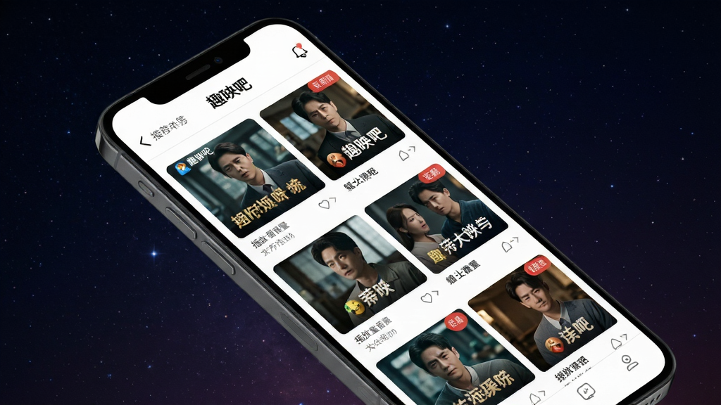 趣映吧应用主界面截图风格展示,主体为一部手机,屏幕上显示趣映吧首页推荐流,多个短剧封面以瀑布流形式排列,封面包含人物剧照和剧名,布局为手机倾斜45度角展示,背景为深色星空渐变,排版错落有致,风格为现代娱乐App宣传图,细节包括清晰的剧集封面、播放量标签、更新集数角标,文字“趣映吧”出现在顶部导航栏,画质高清,干净,无多余元素。