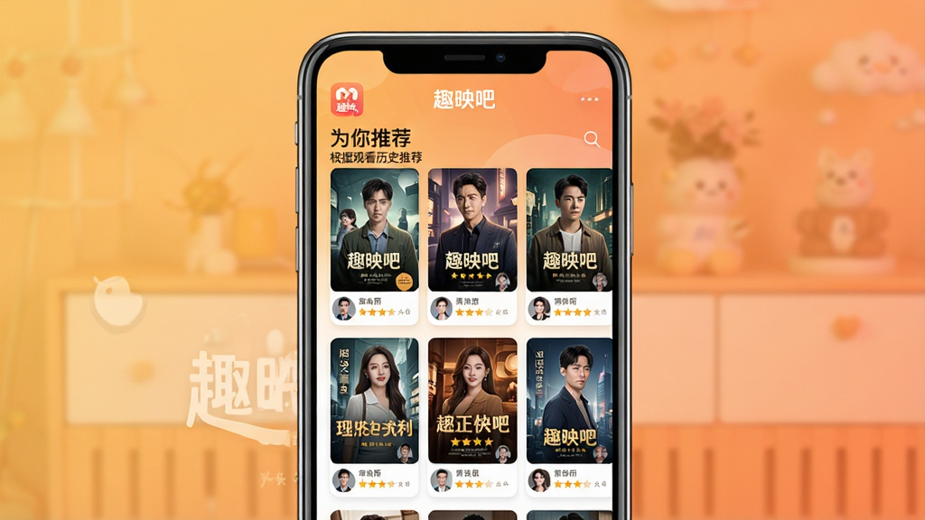 趣映吧个性化推荐功能展示图,主体为手机屏幕,屏幕上显示“为你推荐”栏目,多部短剧海报以卡片形式排列,布局为手机竖屏正面展示,背景为暖色调渐变,排版整齐,风格为温馨娱乐风格,细节包括推荐理由标签如“根据观看历史推荐”、剧集评分星级、主演头像,文字“趣映吧”出现在顶部,画质高清,干净,无多余元素。