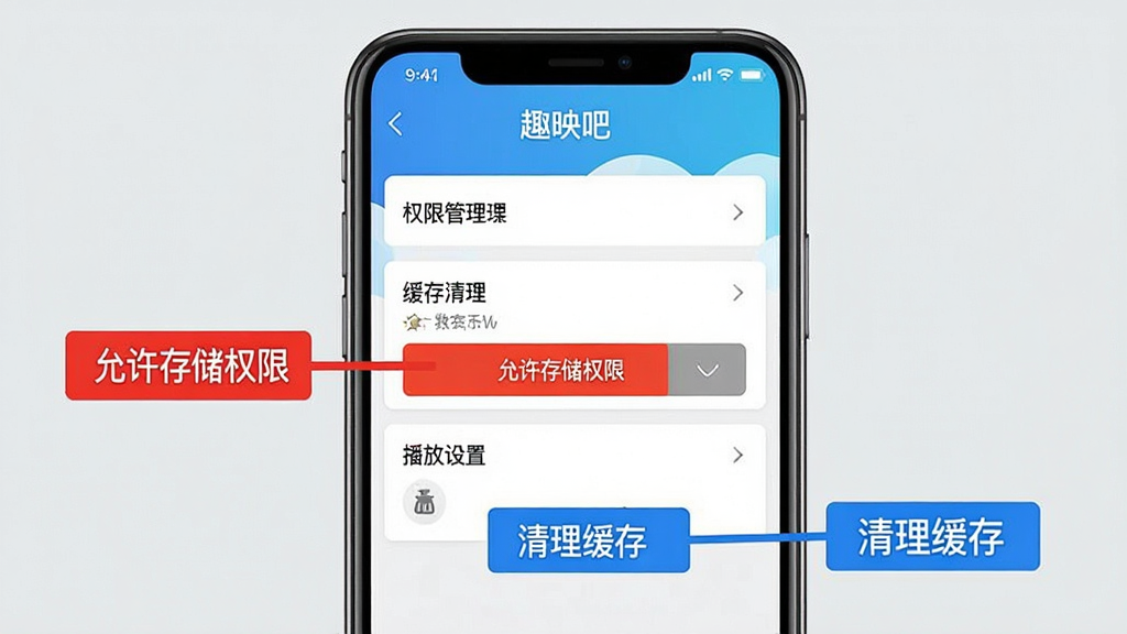 趣映吧新手操作指引图,主体为手机屏幕展示趣映吧设置界面,屏幕上显示权限管理、缓存清理、播放设置等选项,布局为手机正面居中,背景为浅灰色,排版清晰,风格为教程说明图,细节包括红色标注的“允许存储权限”按钮、蓝色标注的“清理缓存”入口、应用名称“趣映吧”在顶部,画质高清,干净,无多余元素。