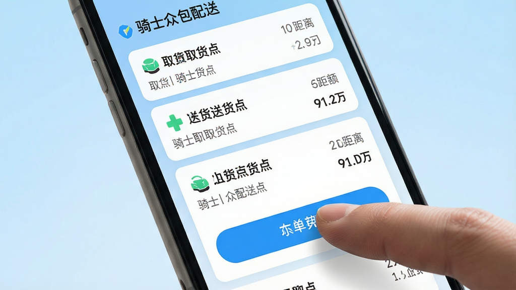 手机屏幕特写,展示骑士众包配送的订单列表页面,多条订单卡片纵向排列,每张卡片上标注取货点、送货点、距离和金额,一只手指正在点击抢单按钮,背景为浅蓝色渐变,界面风格简洁现代,文字标注“骑士众包配送”,高清画质,干净无杂物