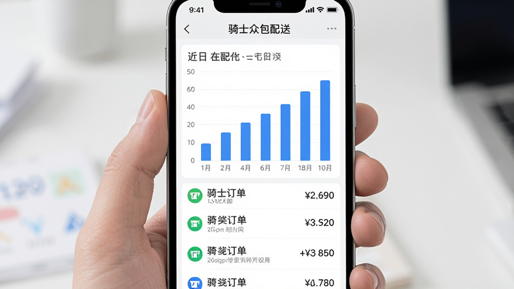 手机屏幕显示骑士众包配送的收入统计页面,柱状图展示近七日收入变化,下方列表罗列每笔订单的金额和时间,界面配色以白色和蓝色为主,图表清晰,文字标注“骑士众包配送”,高清画质,画面干净整洁