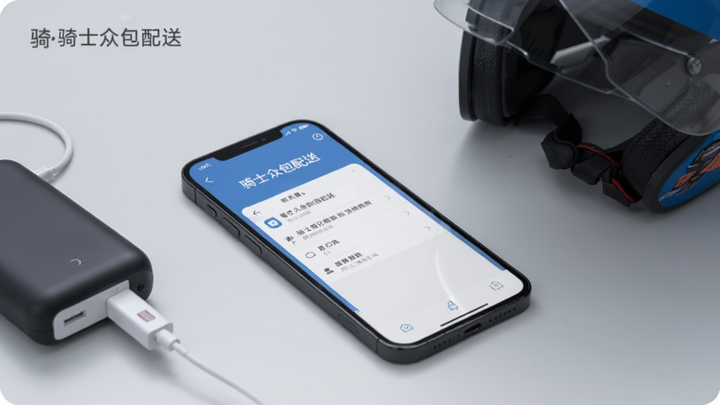 一部手机放置在桌面上,屏幕显示骑士众包配送的权限设置页面,旁边有充电宝和头盔,背景为浅灰色,画面风格简洁写实,文字标注“骑士众包配送”,高清画质,无多余元素