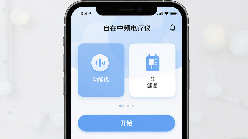 自在中频电疗仪软件主界面预览图,主体为一部智能手机屏幕展示应用首页,布局上方为软件名称自在中频电疗仪,中部为功能模式选择卡片,下方为开始按钮,排版简洁清晰,风格为现代医疗健康类APP界面,细节包括柔和的蓝白配色、圆形图标、电量与时间状态栏,画质高清干净无多余元素