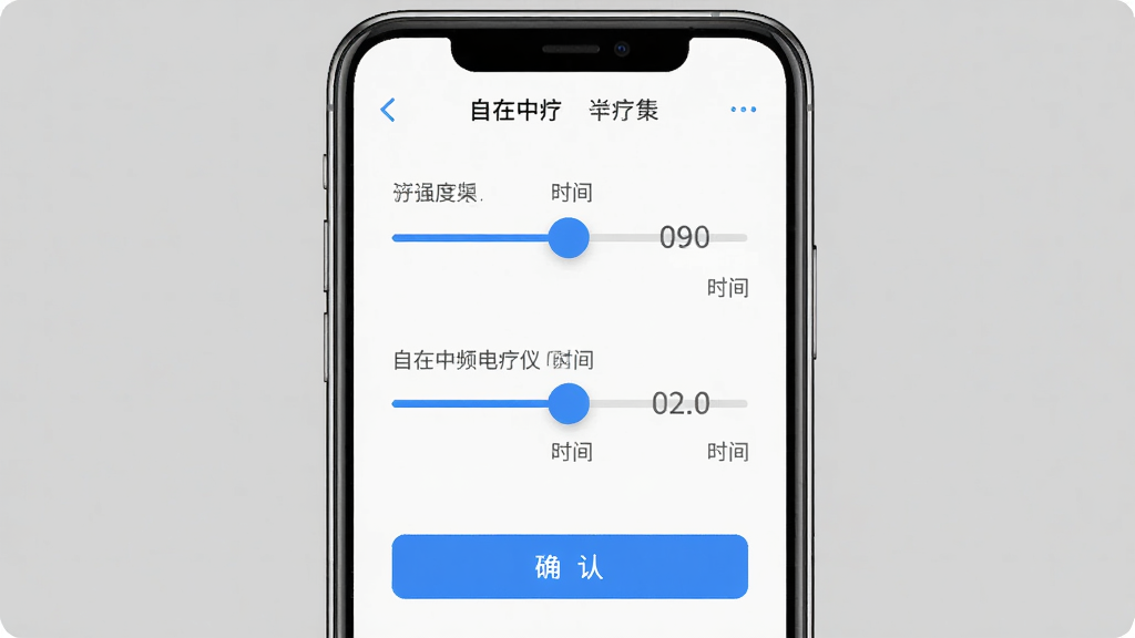 自在中频电疗仪参数调节界面,主体为手机屏幕展示强度与时间滑块,布局居中显示,排版简洁,风格为现代简约,细节包括蓝色滑块、数值显示、确认按钮,画质高清干净无多余元素