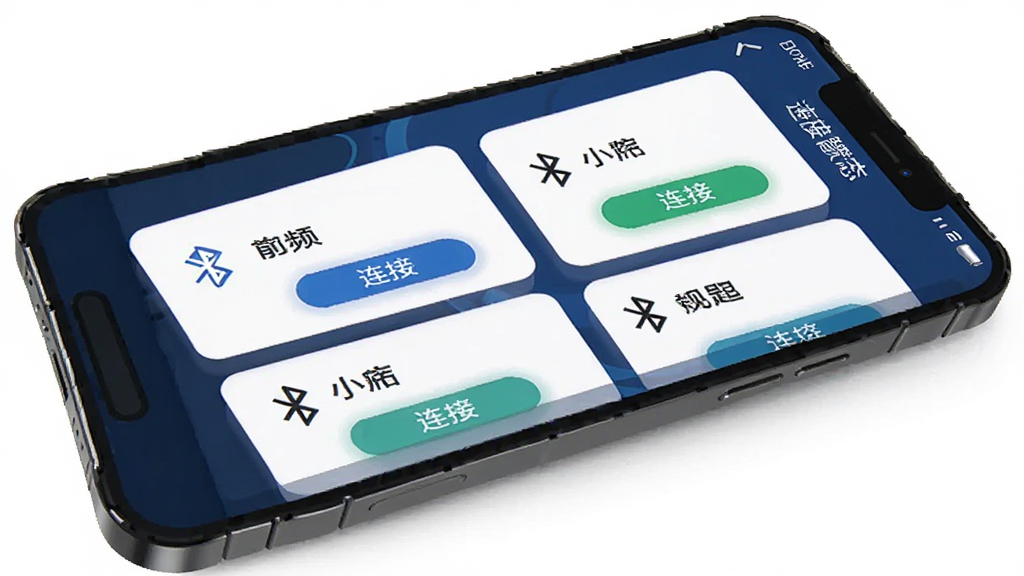 自在中频电疗仪设备连接管理界面,主体为手机屏幕显示设备列表与连接状态,布局为卡片式排列,排版清晰,风格为科技感设计,细节包括蓝牙图标、设备名称、连接按钮,画质清晰干净无多余元素