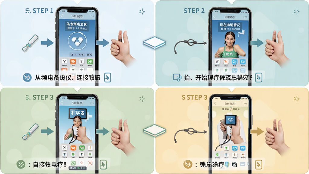 自在中频电疗仪移动端操作流程图,主体为手机屏幕展示从连接设备到开始理疗的步骤,布局为四格步骤图,排版清晰,风格为教程类插图,细节包括箭头指示、文字标注,画质高清干净无多余元素