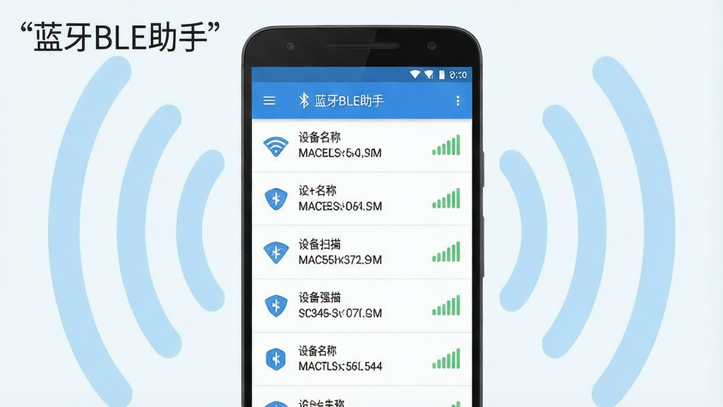 一张展示蓝牙BLE助手核心界面的概念图,主体为一部安卓手机屏幕,屏幕上显示BLE设备扫描列表与信号强度图标,布局采用居中构图,手机周围环绕淡蓝色蓝牙信号波纹,排版清晰,风格为科技感扁平化插画,细节包含设备名称、MAC地址、RSSI数值等元素,画面干净无多余元素,画质高清,文字使用引号标注“蓝牙BLE助手”。