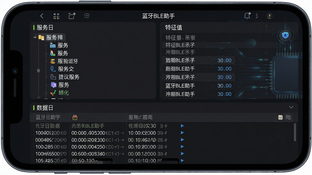 一张蓝牙BLE助手数据调试界面的生图,主体为手机屏幕显示服务列表与特征值数据,布局为分栏式,上方为服务树,下方为数据日志,排版工整,风格为深色科技风UI,细节包含十六进制数据与时间戳,画面干净无杂乱元素,画质高清,文字标注“蓝牙BLE助手”。