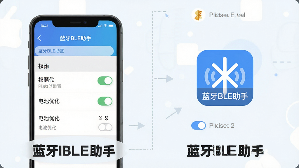 一张展示蓝牙BLE助手权限设置与后台白名单操作步骤的示意图,主体为手机设置界面与蓝牙BLE助手图标,布局为左右分步展示,排版清晰,风格为扁平化教程插画,细节包含权限开关与电池优化选项,画面干净无多余元素,画质高清,文字标注“蓝牙BLE助手”。