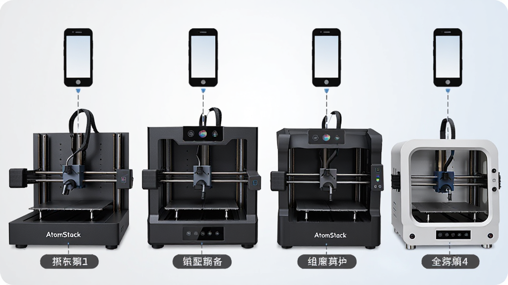 主体为多台不同型号的AtomStack激光雕刻机并排展示,每台设备上方悬浮着手机图标;布局为横向排列,背景为浅色渐变;排版展示多机型适配概念;风格为产品全家福展示风;细节包括每台雕刻机旁有型号标签、手机图标与设备之间有连接线;画质为高清,画面干净,无多余元素。