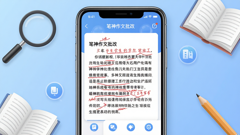 一张展示智能手机屏幕的图片,屏幕中显示笔神作文批改应用界面,界面中央是一篇被红笔标注了修改意见的学生作文,周围环绕着放大镜、书本、铅笔等学习元素,布局为手机居中,学习元素环绕四周,排版简洁清晰,风格为现代教育科技风,细节包括柔和的蓝色渐变背景和清晰的UI图标,画质高清,干净,无多余元素。