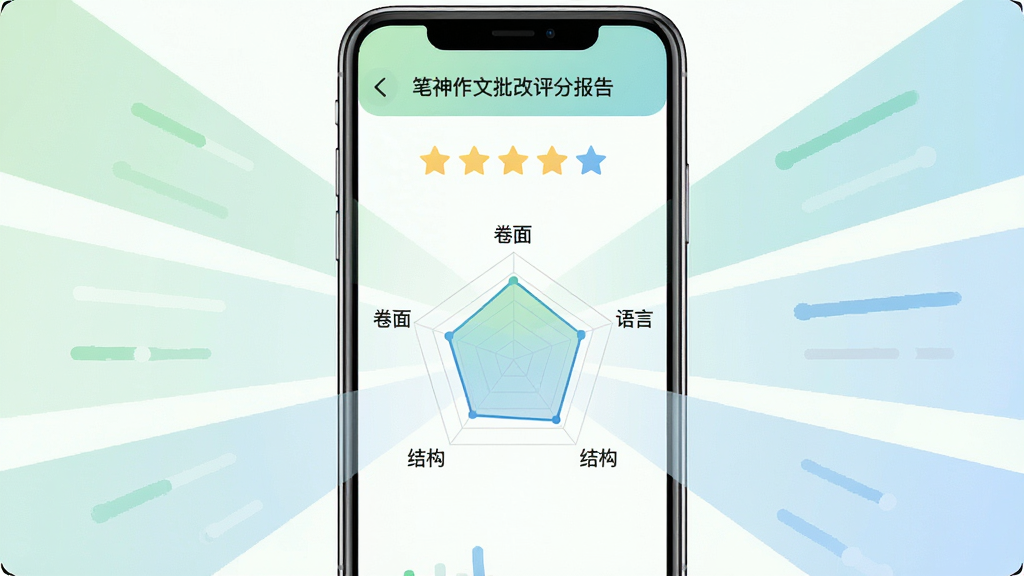 一张展示笔神作文批改评分报告界面的图片,画面中央是一个手机屏幕,屏幕内显示着四颗星的评分图标和雷达图,雷达图周围有内容、语言、结构、卷面四个标签,布局为手机居中,评分元素向外发散,排版清晰有序,风格为清新简约的UI设计风,细节包括柔和的绿色和蓝色色调,画质高清,干净,无多余元素。