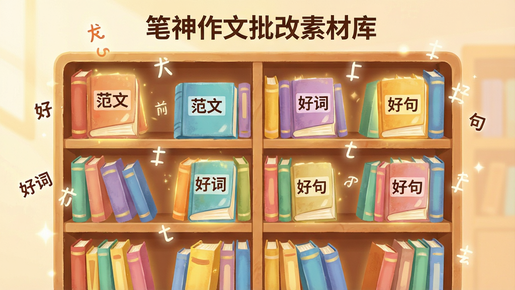 一张展示笔神作文批改素材库界面的图片,画面主体为一个虚拟书架,书架上摆放着各种颜色的书籍,书籍封面上写着“范文”、“好词”、“好句”等字样,布局为书架占据画面中心,排版采用对称式构图,风格为温暖明亮的插画风,细节包括书本散发出的微光和飘浮的文字符号,画质高清,干净,无多余元素。