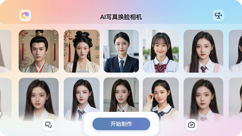 一张展示AI写真换脸相机软件界面的手机截图,画面中央是软件主界面,顶部显示软件名称“AI写真换脸相机”,界面中排列着多个风格各异的写真模板缩略图,包括古风、职场、校园等风格,底部有“开始制作”按钮,整体布局清晰,排版简洁,风格为现代科技感UI设计,细节包含圆角图标和柔和渐变背景,画质高清,干净,无多余元素