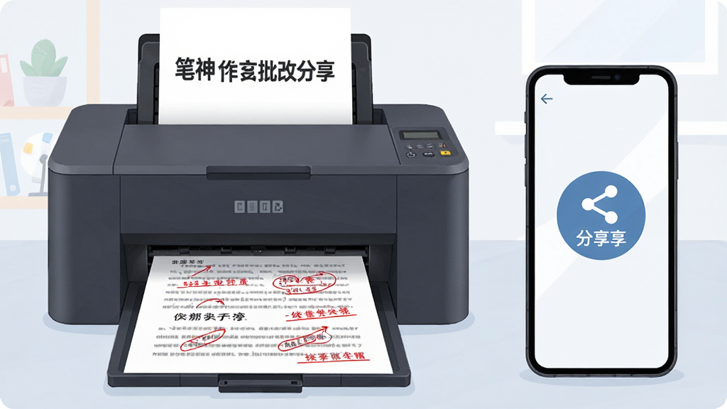 一张展示笔神作文批改分享与打印功能的图片,画面主体为一台打印机正在打印一份带有红色批注的作文纸,旁边有一部手机屏幕显示着分享按钮,布局为打印机在左,手机在右,排版采用左右平衡构图,风格为现代办公插画风,细节包括纸张上清晰的修改痕迹和手机屏幕上的分享图标,画质高清,干净,无多余元素。