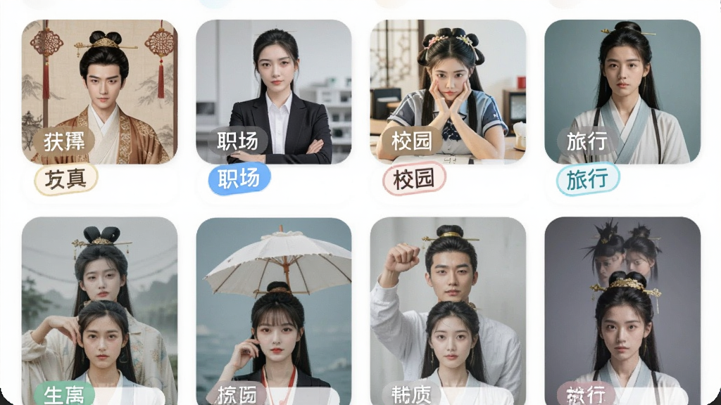 AI写真换脸相机软件内展示海量风格模板的界面截图,画面主体是手机屏幕中排列整齐的模板缩略图,包含古风、职场、校园、旅行等分类标签,布局采用网格排版,风格为清新明亮的UI设计,细节包含圆角卡片和标签高亮效果,画质高清,干净,无多余元素