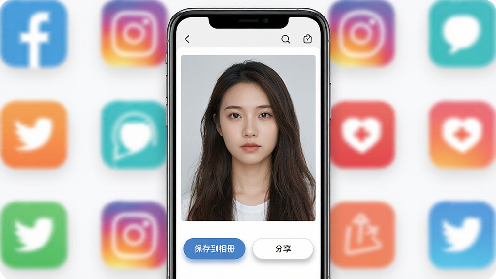 AI写真换脸相机一键生成与分享功能界面图,画面展示手机屏幕上生成完成的写真照片,下方有“保存到相册”和“分享”按钮,背景为社交平台图标,布局简洁明了,风格为现代扁平化设计,细节包含按钮高亮和图标阴影,画质高清,干净,无多余元素