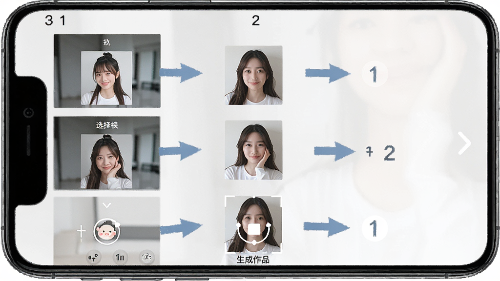 AI写真换脸相机新手使用教程示意图,画面展示手机屏幕中软件的操作步骤截图,包含选择模板、上传照片、生成作品三个主要环节,布局为从上到下的流程排版,风格为清晰明了的教程风格,细节包含步骤编号和箭头指引,画质高清,干净,无多余元素