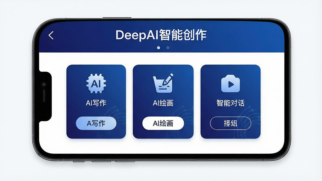 一张手机屏幕展示DeepAI智能创作软件界面的预览图,画面中央是软件主界面,顶部显示“DeepAI智能创作”文字标识,界面布局包含AI写作、AI绘画、智能对话三个功能卡片,整体采用深蓝与白色渐变配色,风格简洁科技感,细节清晰展示图标与按钮,画质高清干净无多余元素