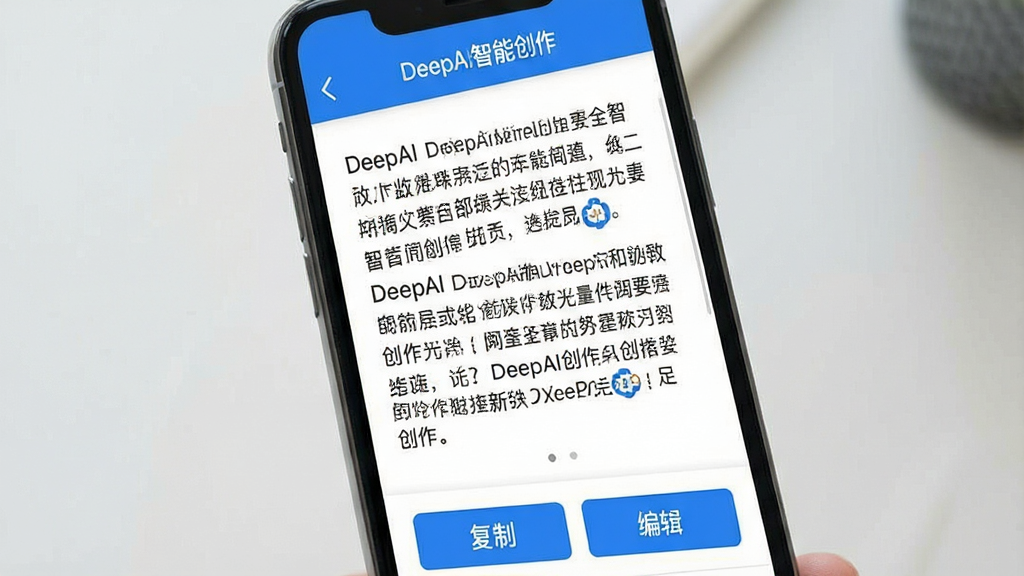 一张展示DeepAI智能创作AI写作功能的界面截图,画面主体为手机屏幕,屏幕内显示文章生成结果页面,顶部有“DeepAI智能创作”字样,中部为生成的段落文字,底部有复制与编辑按钮,布局清晰,风格简约现代,配色以蓝白为主,细节展示文字排版与按钮图标,画质高清干净无多余元素