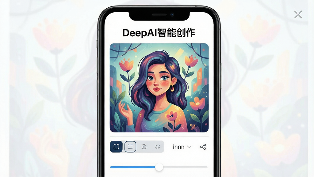 一张展示DeepAI智能创作AI绘画功能的界面截图,画面主体为手机屏幕,屏幕内显示一幅由AI生成的插画作品,顶部有“DeepAI智能创作”文字,下方有风格选择与参数调节滑块,布局整齐,风格清新明亮,细节展示图片色彩与界面控件,画质高清干净无多余元素