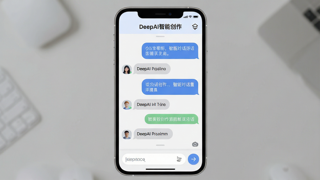 一张展示DeepAI智能创作智能对话助理功能的界面截图,画面主体为手机屏幕,屏幕内显示聊天对话界面,顶部有“DeepAI智能创作”标识,对话气泡交替排列,底部有输入框与发送按钮,布局简洁,风格柔和圆角设计,细节展示文字内容与图标,画质高清干净无多余元素