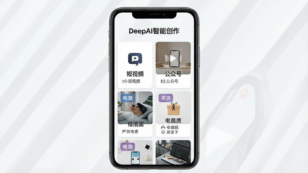 一张展示DeepAI智能创作多场景内容适配功能的界面截图,画面主体为手机屏幕,屏幕内显示多个场景模板卡片,顶部有“DeepAI智能创作”文字,卡片分别标注短视频、公众号、电商等标签,布局网格状排列,风格清爽素雅,细节展示卡片图标与文字,画质高清干净无多余元素