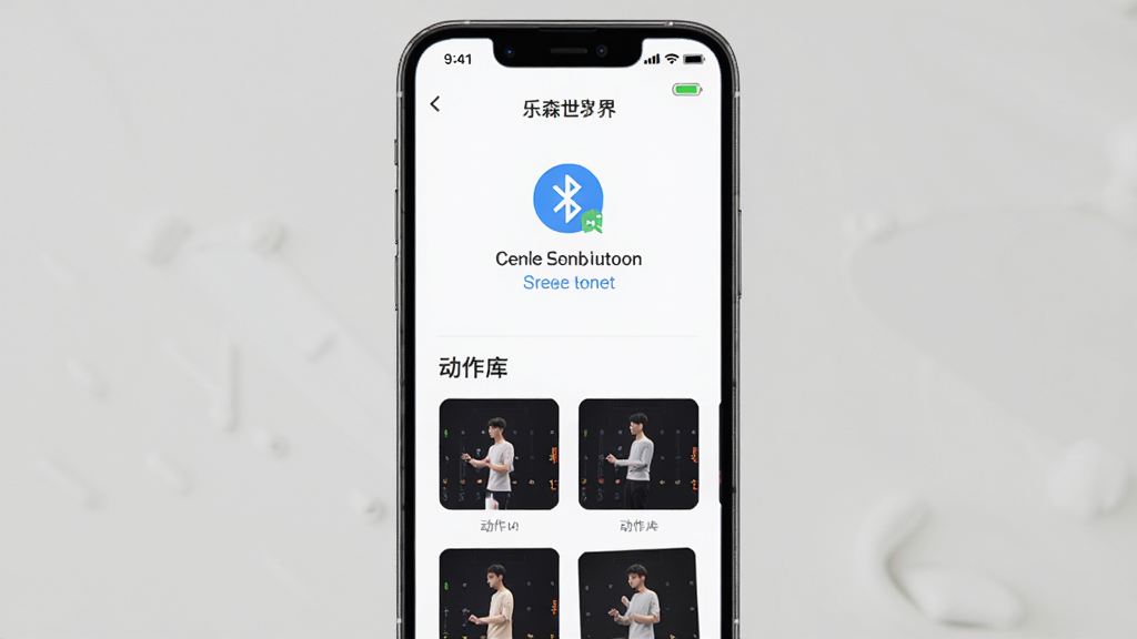 主体是乐森世界软件在手机上的操作界面,布局为竖屏展示,屏幕显示设备连接成功页面与动作库列表,排版为上下滚动布局,风格为清新简约风,细节包括蓝牙图标、电量显示、动作缩略图,画质高清,干净,无多余元素