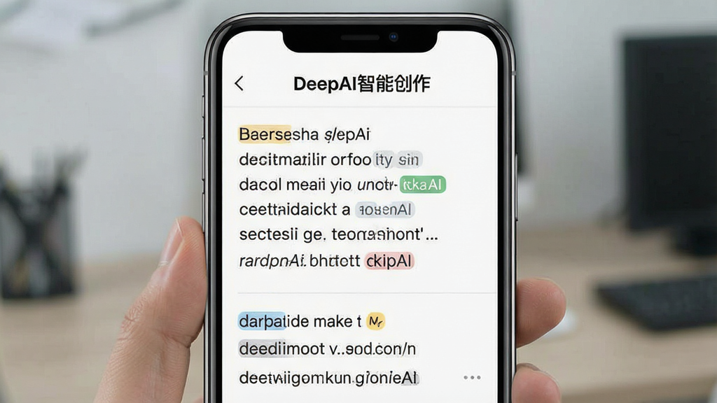 一张展示DeepAI智能创作智能翻译功能的界面截图,画面主体为手机屏幕,屏幕内显示中英文对照翻译结果,顶部有“DeepAI智能创作”字样,上下分栏布局,风格简约商务,细节展示文字对齐与语言标签,画质高清干净无多余元素