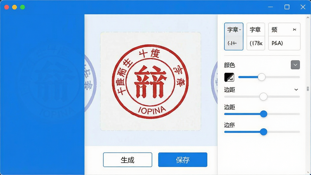 一张展示电子印章生成工具软件界面的手机屏幕截图,画面中央是软件主操作区,左侧显示圆形印章模板预览,右侧排列着字体选择、颜色调整、边距设置等参数面板,底部有生成与保存按钮,整体布局清晰整洁,采用蓝白商务配色风格,细节包括印章预览区的红色圆形印章图案和参数滑块控件,画质清晰干净,无多余元素,适合软件下载站展示用图