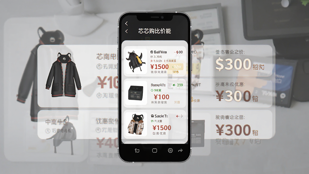一张展示芯芯购比价功能的图片,画面中央是手机屏幕,屏幕上显示多个电商平台的价格对比列表,左侧是商品图片,右侧是不同平台的价格和优惠信息,风格简洁商务,细节清晰,画质干净,无多余元素