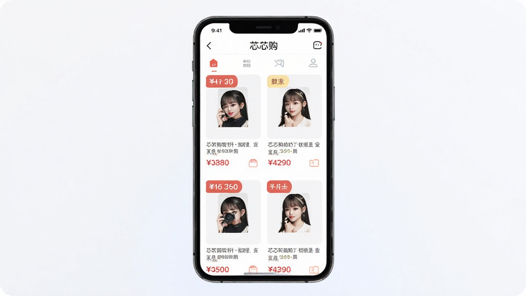 一张展示芯芯购软件主界面的图片,画面中央是手机屏幕,屏幕上显示芯芯购App的商品列表页面,包含商品图片、价格标签和折扣标签,背景为浅色渐变,风格简洁现代,细节清晰,画质干净,无多余元素