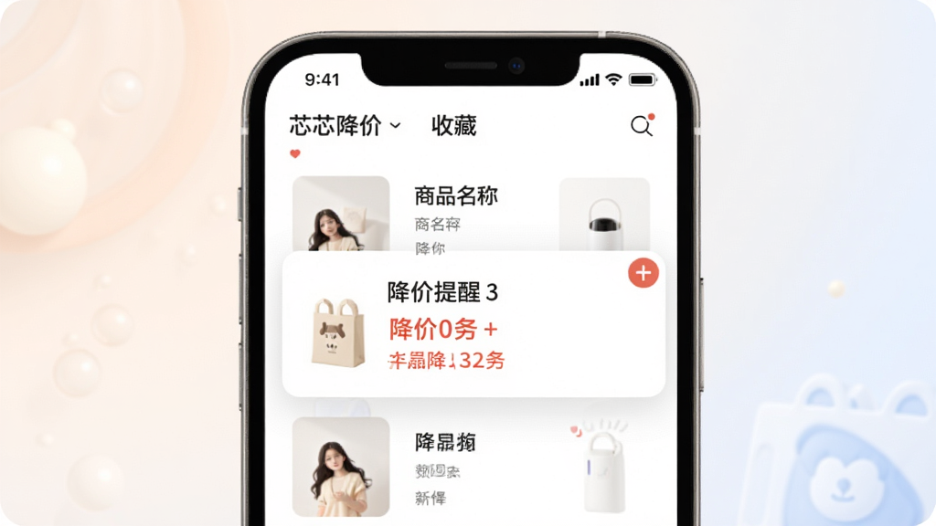 一张展示芯芯购降价提醒功能的图片,画面中央是手机屏幕,屏幕上显示商品收藏列表和一条降价提醒通知,通知内容包含商品名称和降价金额,背景为柔和浅色,风格清新,细节清晰,画质干净,无多余元素