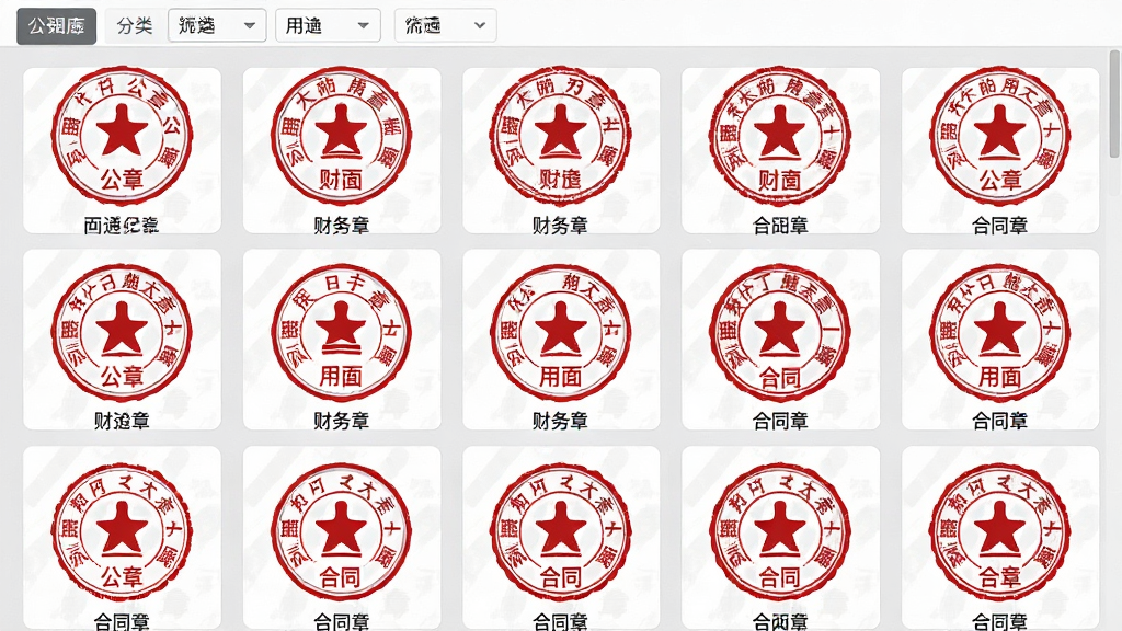一张展示电子印章生成工具模板库界面的示意图,画面采用网格布局展示多个圆形印章模板缩略图,每个模板标注不同用途如公章、财务章、合同章,背景为浅灰色,模板以红色印章图案呈现,界面顶部有分类筛选标签,整体风格简洁商务,画质清晰干净,无多余元素