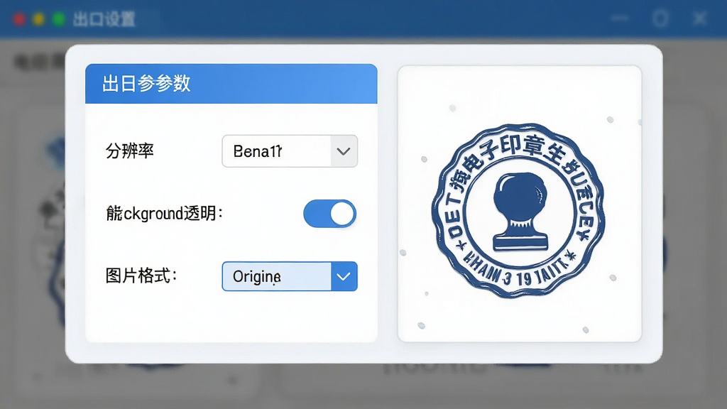 一张展示电子印章生成工具导出设置界面的示意图,画面中央是导出参数面板,包含分辨率选择、背景透明开关、图片格式选项,右侧显示印章预览效果,整体采用卡片式布局,浅色背景配蓝色强调色,画质清晰干净,无多余元素