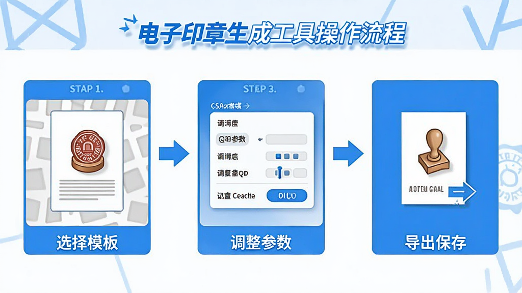 一张展示电子印章生成工具操作流程的示意图,画面分为三个步骤展示,左侧是选择模板,中间是调整参数,右侧是导出保存,用箭头连接形成流程图,整体风格简洁明快,配色以蓝白为主,画质清晰干净,无多余元素