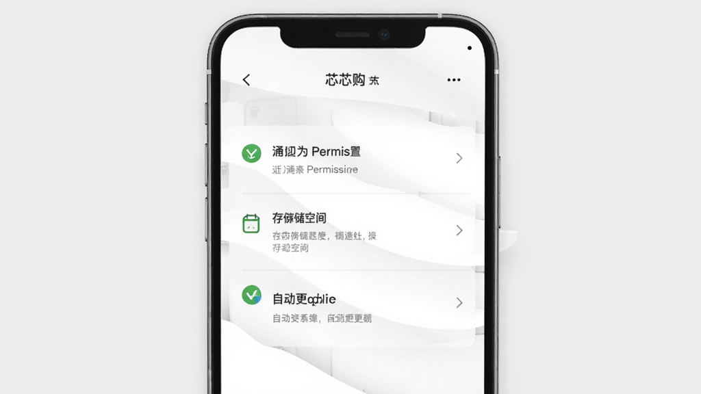 一张展示芯芯购设置页面的图片,画面中央是手机屏幕,屏幕上显示通知权限、存储空间、自动更新等设置选项,背景为浅灰色,风格素雅,细节清晰,画质干净,无多余元素