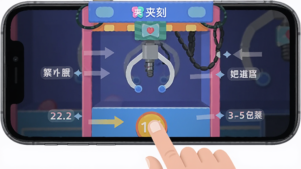 夹刻移动端操作示意图,画面展示一部智能手机的屏幕,屏幕上显示抓娃娃机界面,手指正在点击抓取按钮,周围有简洁的箭头和文字标注操作步骤,风格为扁平化UI设计,色彩明快,布局清晰,画质干净,图片中带有“夹刻”标识