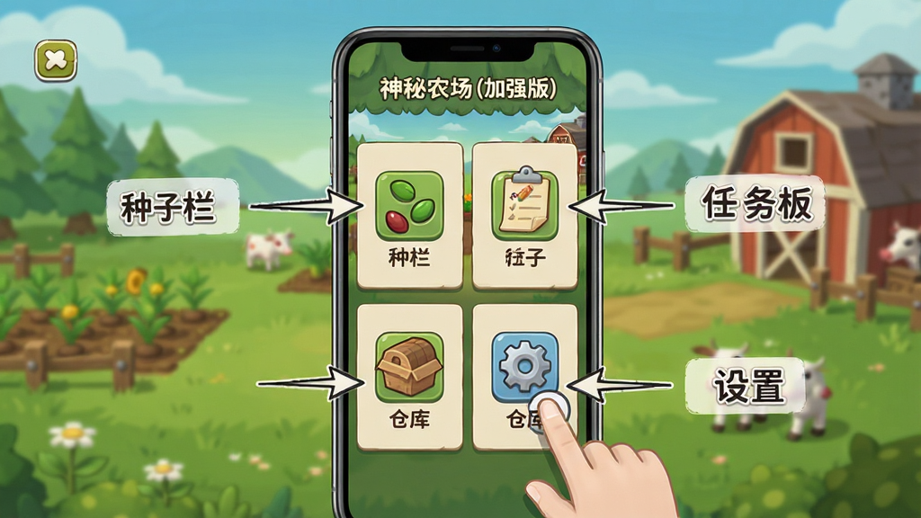 神秘农场(加强版)新手操作界面引导图,画面主体为手机屏幕显示游戏主界面,布局为竖屏排版,画面中用引线标注出“种子栏”“任务板”“仓库”“设置”四个区域,风格为简洁说明图,细节包含手指点击图标、箭头指示,画质清晰,干净无杂乱背景