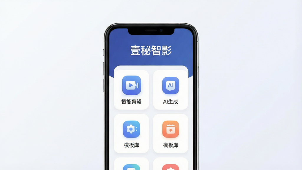 一张展示壹秘智影软件主界面的预览图,画面中央是手机屏幕,屏幕内显示软件首页,顶部有“壹秘智影”文字标识,界面包含智能剪辑、AI生成、模板库等功能模块图标,背景为干净的浅色渐变,布局采用居中排版,风格简洁现代科技感,细节上图标边缘圆润,文字清晰无锯齿,画质高清,整体干净无多余元素。