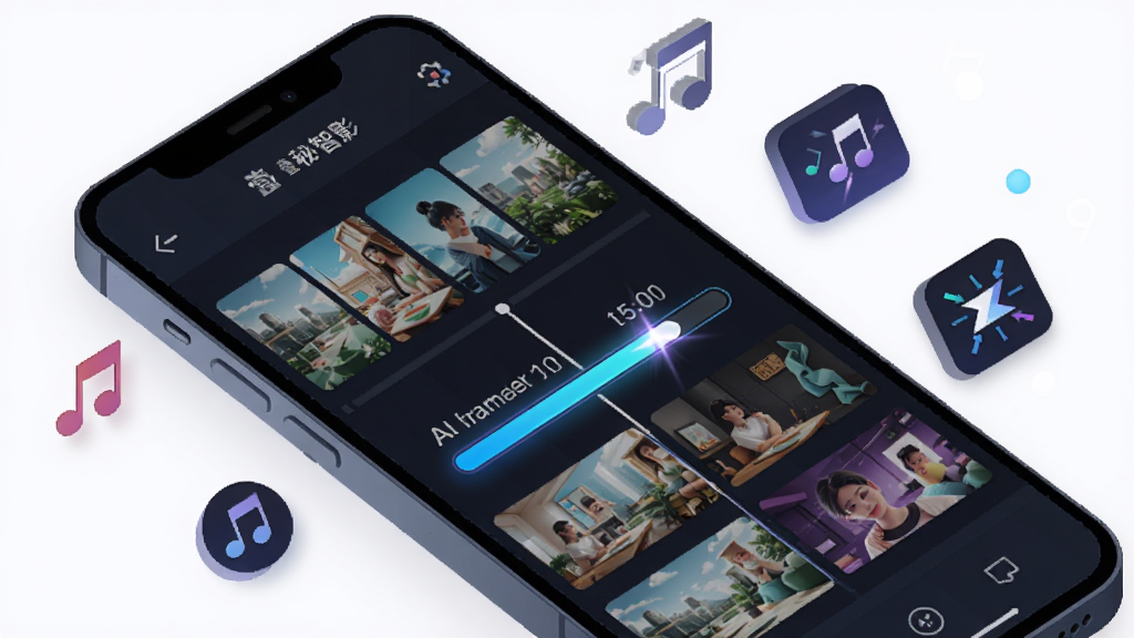 一张展示壹秘智影AI智能成片功能的预览图,画面主体是一部智能手机,屏幕显示视频时间轴和多个素材缩略图,AI分析进度条正在运行,周围漂浮着音乐符号和转场特效图标,布局采用斜向动态构图,风格为扁平化科技插画,细节上素材缩略图内容清晰,进度条带有光效,画质高清,背景干净无杂乱元素。