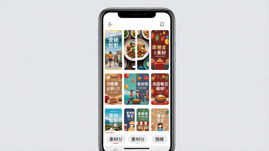 一张展示壹秘智影模板与素材库界面的预览图,画面中手机屏幕显示网格状排列的模板封面图,封面包含旅行、美食、节日等主题,屏幕下方有素材分类标签,布局为整齐的网格排版,风格清新明快,细节上每个模板封面色彩鲜艳、文字清晰,画质高清,背景为柔和浅灰色,无多余装饰。