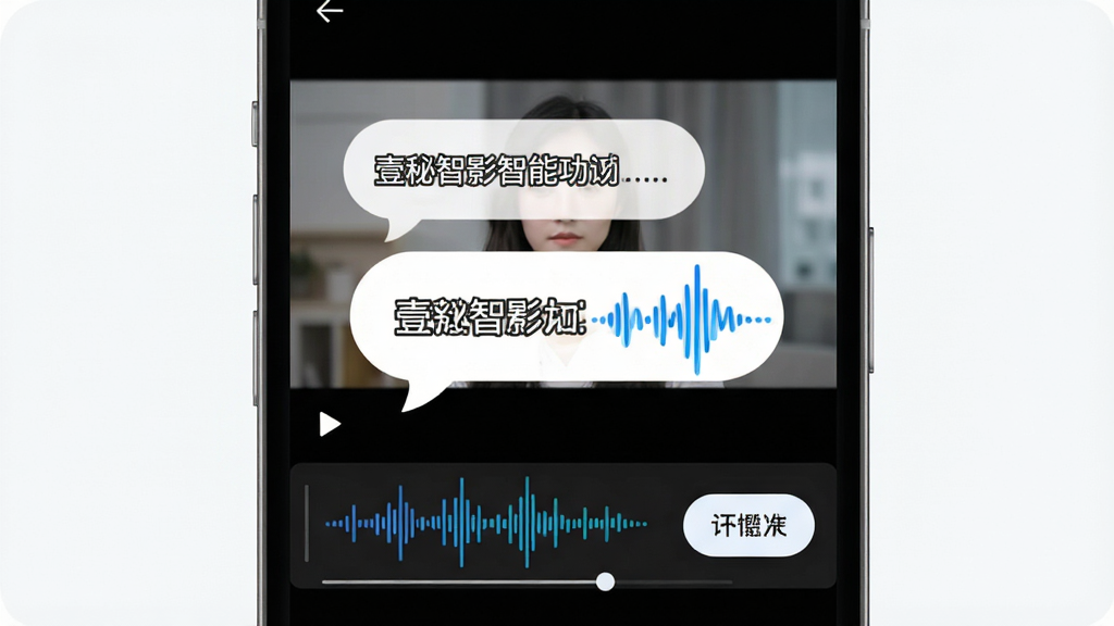 一张展示壹秘智影智能字幕功能的预览图,画面中手机屏幕显示视频播放界面,底部有字幕轨道,字幕文字以气泡形式呈现,旁边有语音波形图标和翻译按钮,布局为上下结构,风格为扁平化UI设计,细节上字幕文字清晰可读,波形图标动态感强,画质高清,背景干净简洁。