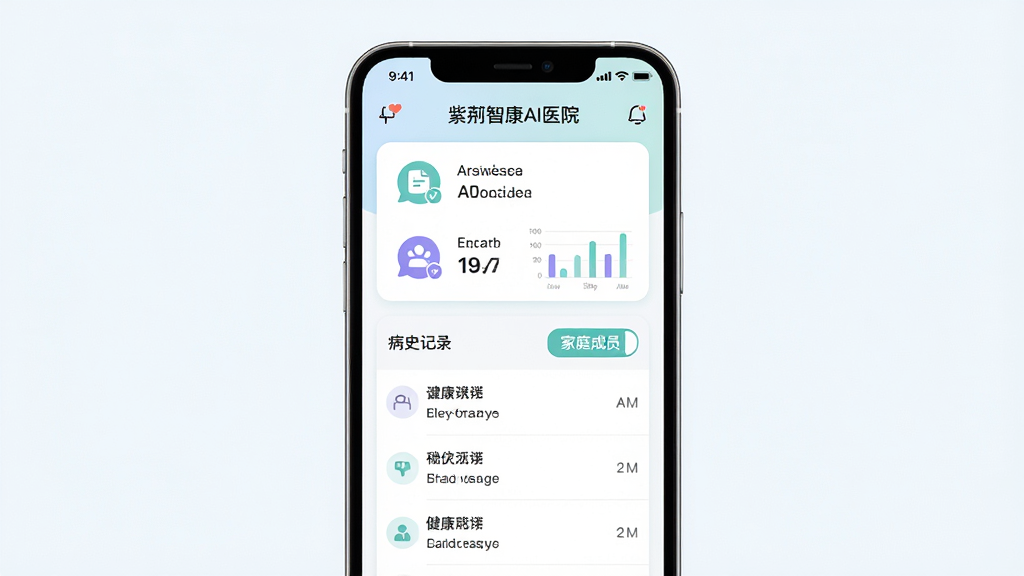 紫荆智康AI医院 健康档案管理界面,主体为手机屏幕展示个人健康档案页面,布局为上下结构,上方为个人信息卡片,下方为病史记录列表,排版整齐,风格为清新浅色医疗风格,细节包含档案图标、数据图表、家庭成员切换按钮,画质高清,干净,无多余元素